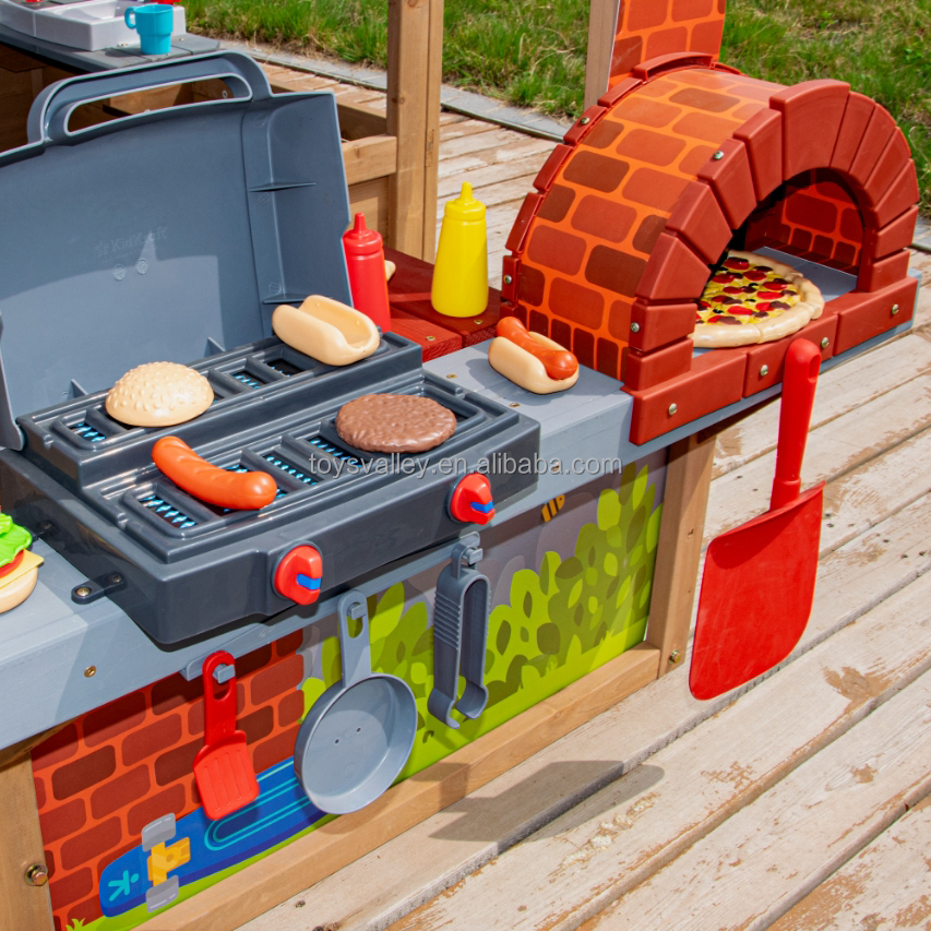 Outdoor Wooden Playhouse Kids Toy with Table and Chair Plastic Roof in Backyard Garden Park Play Toys Valley