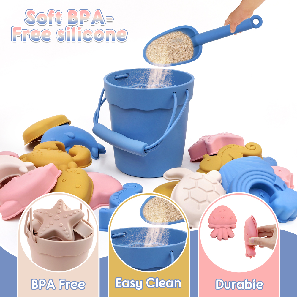 Summer Outdoor Soft Sand Bucket Eco Friendly Silicone Beach Sand Toy Set for Kids Beach Sand Toys Silicone Toddler Sandbox Toys