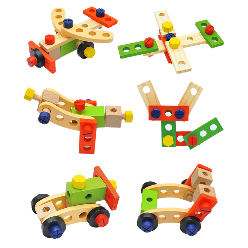 Children's Educational Cartoon Wooden Simulation Tool Box Realistic Assembly Disassembly Screw Nut Set for Pretend Play