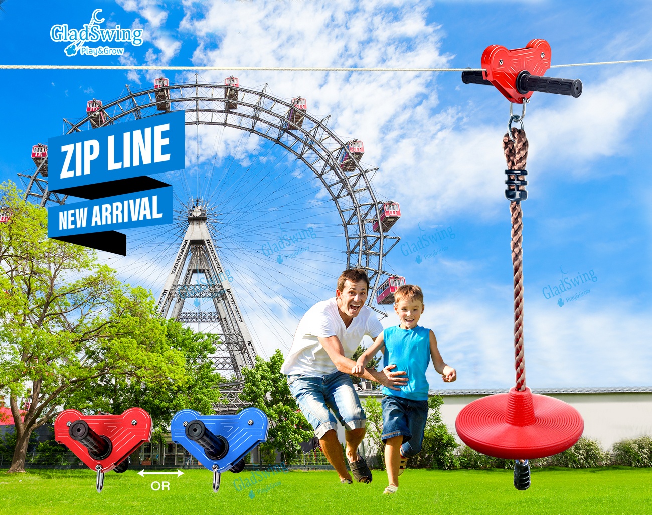 Outdoor Children Adventure Toys Zip Line Kits Swing Set With Stainless Steel Spring Brake and Seat