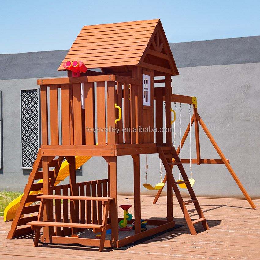 Kid's Outdoor Wooden Playhouse Toy with Slide Sandbox Swing Set Climbing Frame for Backyard or Garden-Outdoor Play Ages 2-13