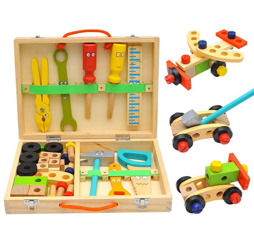Children's Educational Cartoon Wooden Simulation Tool Box Realistic Assembly Disassembly Screw Nut Set for Pretend Play