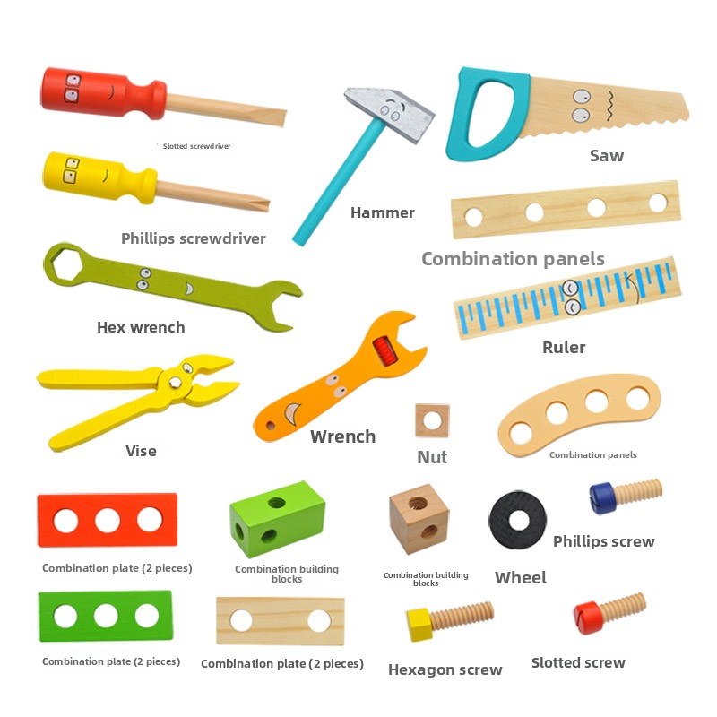 Children's Educational Cartoon Wooden Simulation Tool Box Realistic Assembly Disassembly Screw Nut Set for Pretend Play