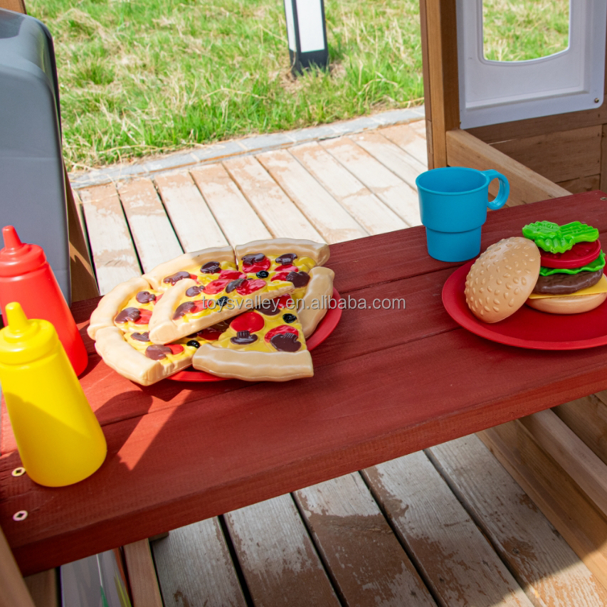 Outdoor Wooden Playhouse Kids Toy with Table and Chair Plastic Roof in Backyard Garden Park Play Toys Valley
