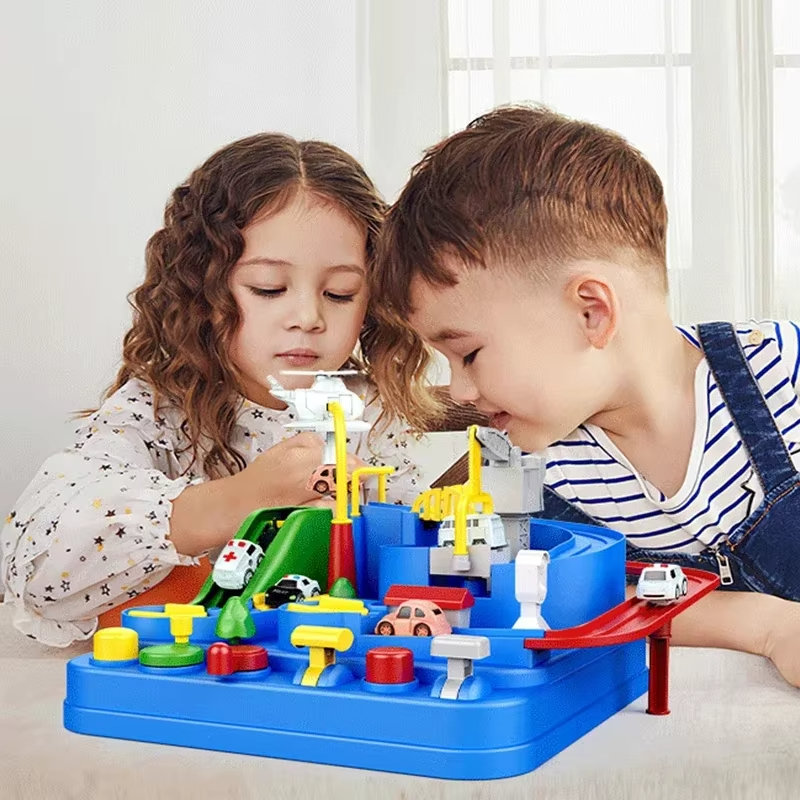 16 * 16cm Interactive 4-Car Racing Car Model Educational Toy with Rescue Adventure Mechanical Train Track Set for Children