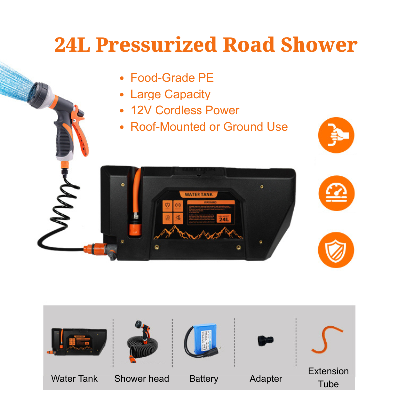 24L 12V Electric Pressurized Water Tank Rechargeable Camping Shower Food-Grade PE Portable Road Shower Off-Road Overland 50-80