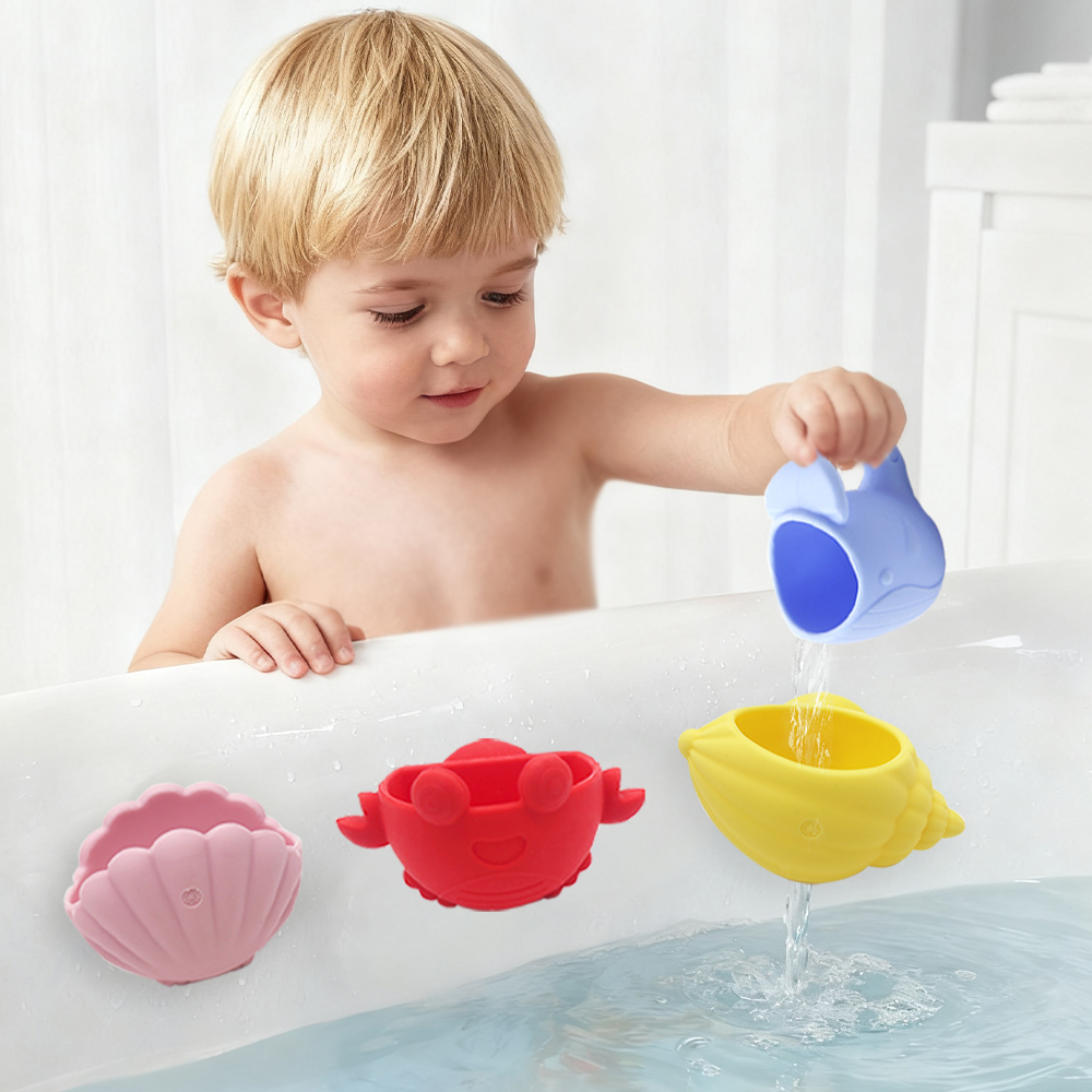 New Design Mold Free Silicone Baby Water Toys 4PCS Ocean Animal Kids Bath Toy With Suction Cups for Toddler Early Learning