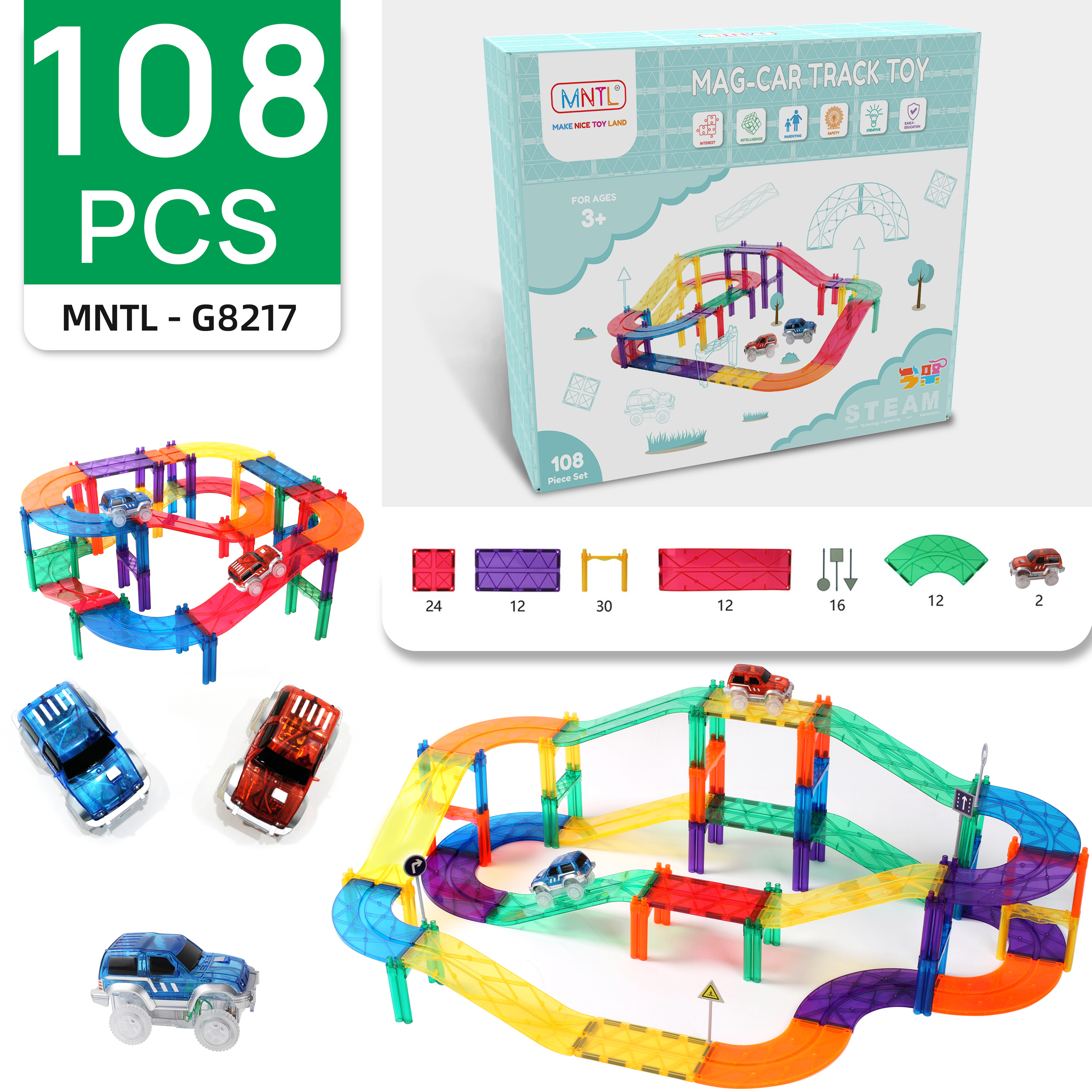 MNTL DIY Colorful 3D Magnetic Blocks Building Toy Adventure Race Track Magnetic Tiles Road Blocks Montessori Toy