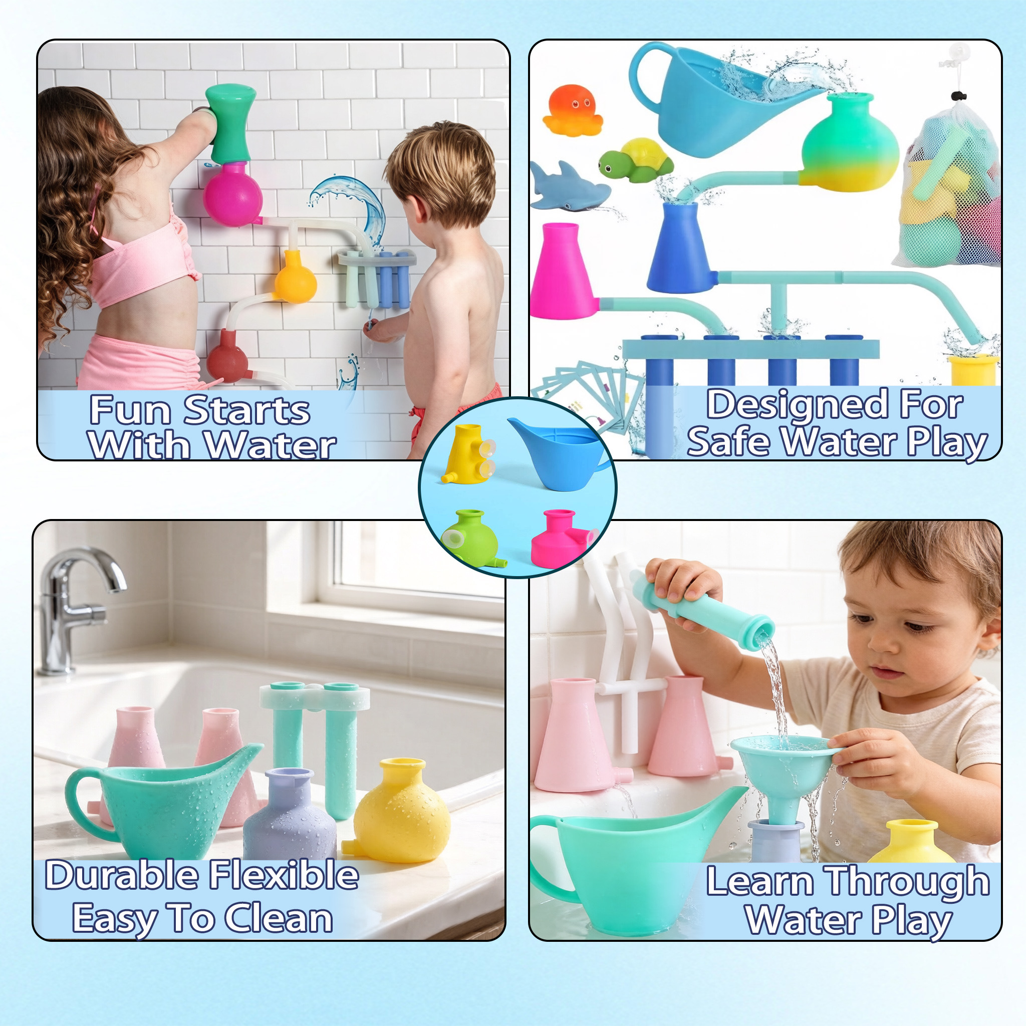 Silicone Easter Water Flow Bath Playset Flexible DIY Pipeline Water Play Kit Non Toxic Educational Sensory Toy Reusable Portable