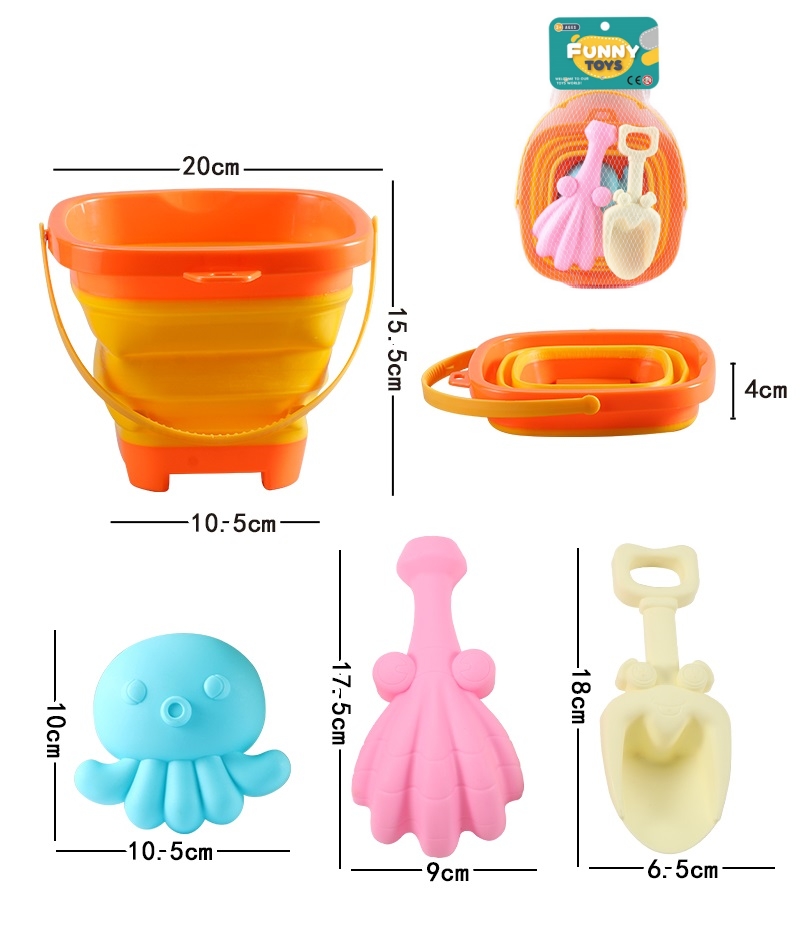 Summer Beach Cheap Toy Seaside Sand Toys 4PCS Soft Rubber Plastic Water Play Folding Bucket Bath Toys for Kids