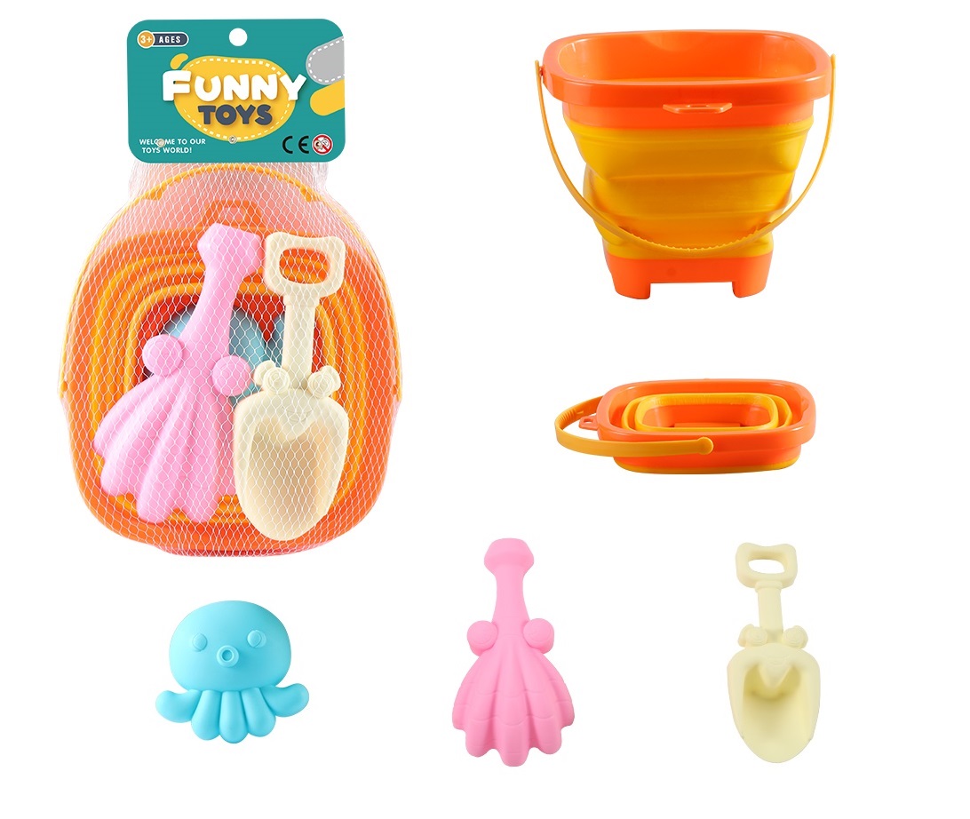 Summer Beach Cheap Toy Seaside Sand Toys 4PCS Soft Rubber Plastic Water Play Folding Bucket Bath Toys for Kids