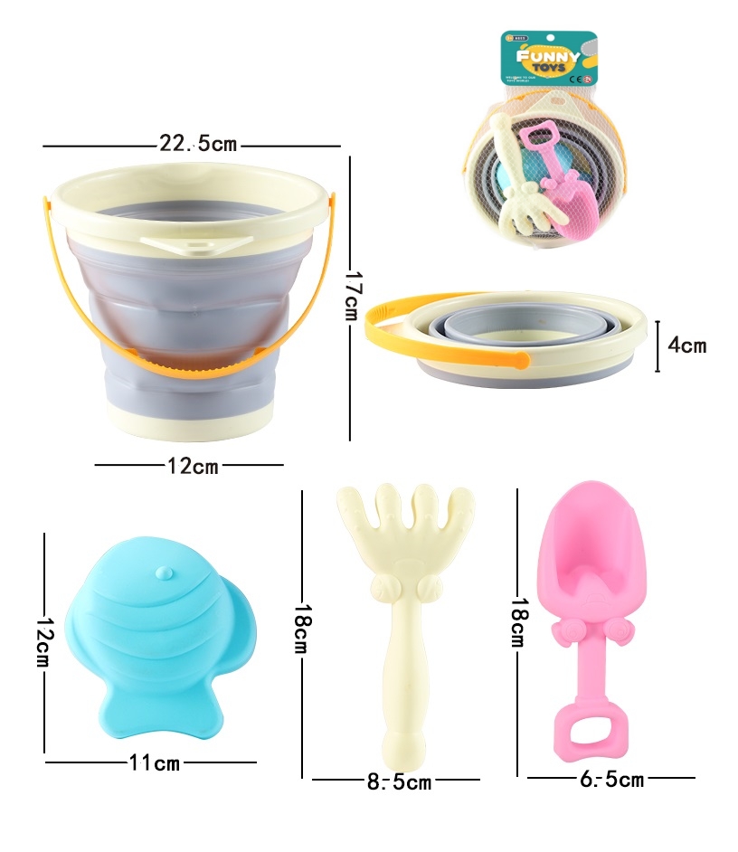 Summer Beach Cheap Toy Seaside Sand Toys 4PCS Soft Rubber Plastic Water Play Folding Bucket Bath Toys for Kids