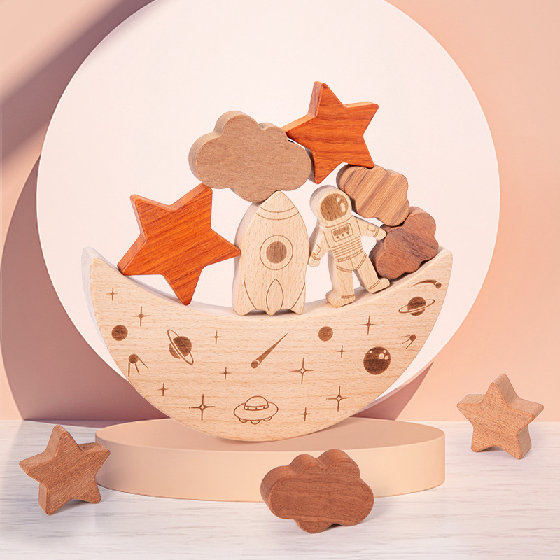 Kids Wooden Space Balance Blocks 11-Piece Early Learning Desktop Stacking Puzzle Educational Intelligence Training 5 7 Years