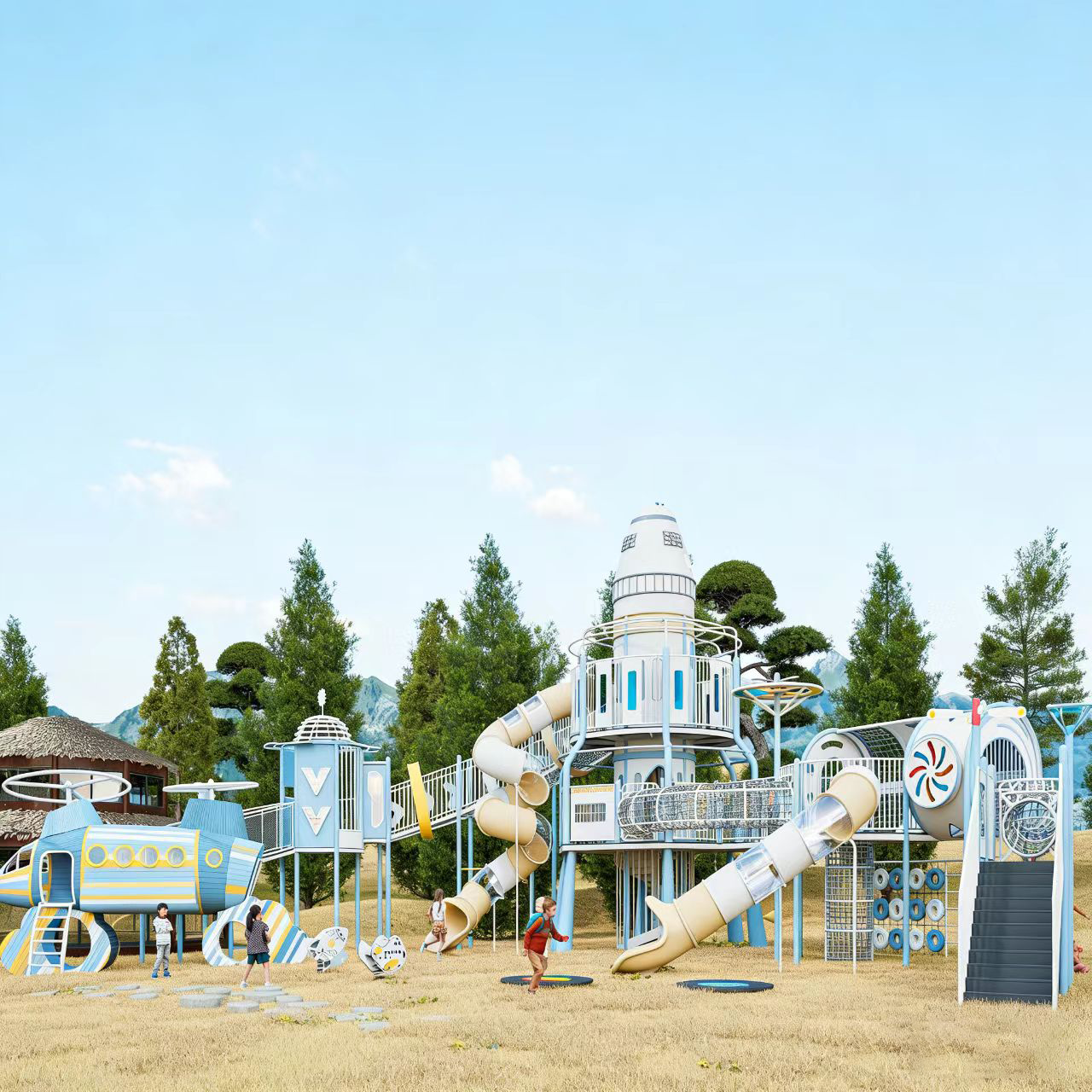 YILIPLAY Customized Plastic Large Space Themed Outdoor Playground Equipment | Rocket Airplane Adventure Play Set Slides Kids