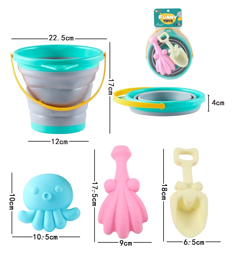 Summer Beach Cheap Toy Seaside Sand Toys 4PCS Soft Rubber Plastic Water Play Folding Bucket Bath Toys for Kids
