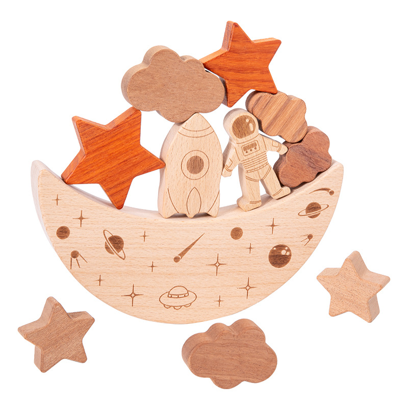 Kids Wooden Space Balance Blocks 11-Piece Early Learning Desktop Stacking Puzzle Educational Intelligence Training 5 7 Years