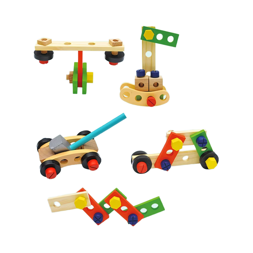 Children's Educational Cartoon Wooden Simulation Tool Box Realistic Assembly Disassembly Screw Nut Set for Pretend Play