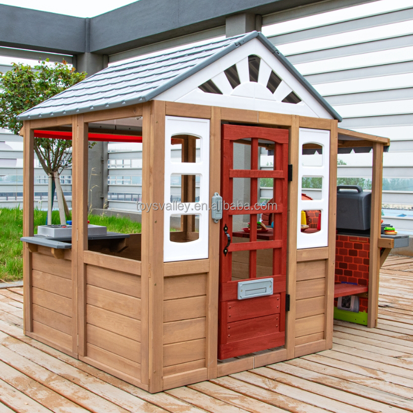 Outdoor Wooden Playhouse Kids Toy with Table and Chair Plastic Roof in Backyard Garden Park Play Toys Valley
