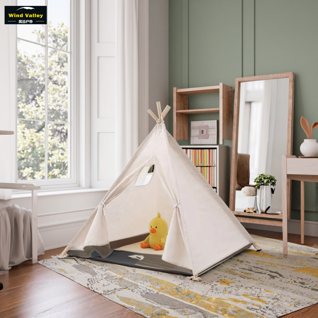 Canvas Tent Portable Breathable Cotton Canvas Tepee Indian Tent Kids Play Tent Playhouse Outdoor Camping Pyramid Tent