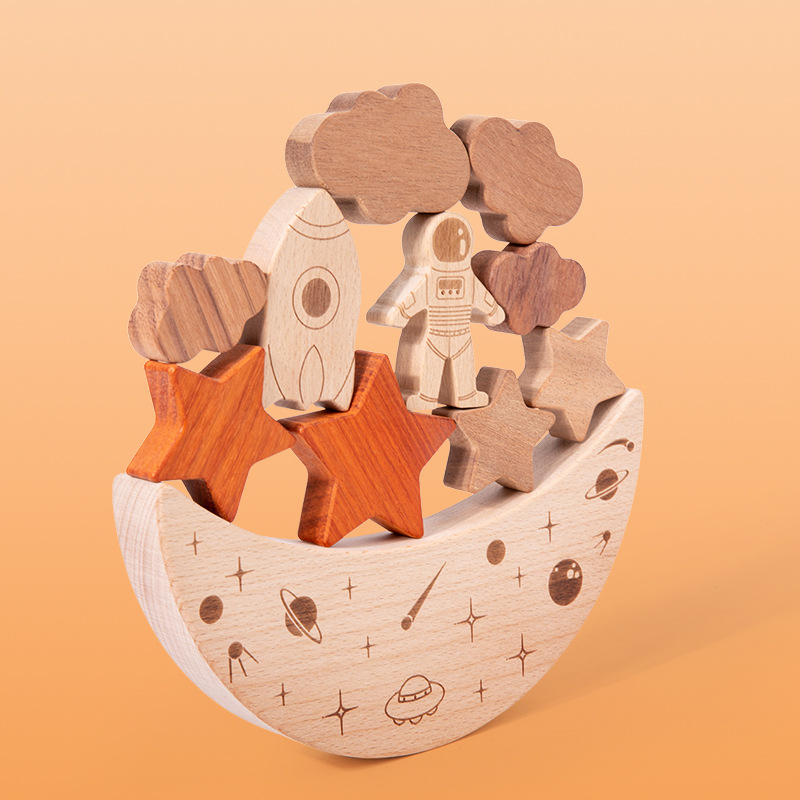 Kids Wooden Space Balance Blocks 11-Piece Early Learning Desktop Stacking Puzzle Educational Intelligence Training 5 7 Years