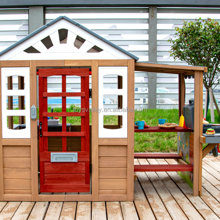 Outdoor Wooden Playhouse Kids Toy with Table and Chair Plastic Roof in Backyard Garden Park Play Toys Valley