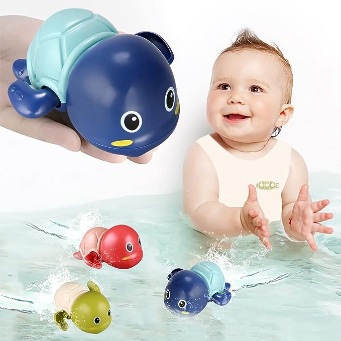 Wind-Up Plastic Swimming Turtle Bath Toy with Clockwork for Toddlers Duck Shower Feature for Bath or Water Play
