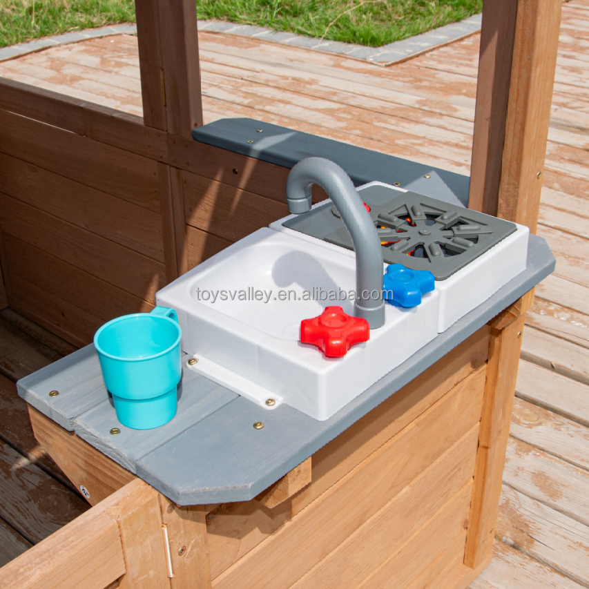 Outdoor Wooden Playhouse Kids Toy with Table and Chair Plastic Roof in Backyard Garden Park Play Toys Valley