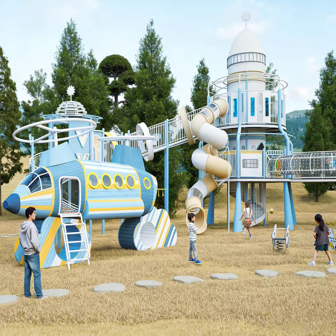 YILIPLAY Customized Plastic Large Space Themed Outdoor Playground Equipment | Rocket Airplane Adventure Play Set Slides Kids