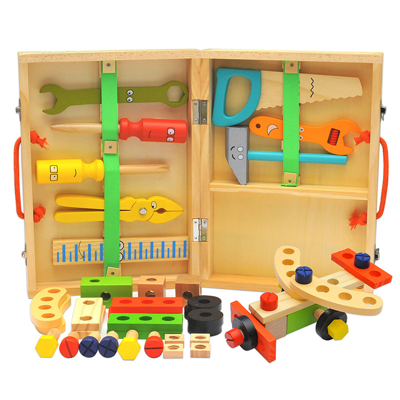 Children's Educational Cartoon Wooden Simulation Tool Box Realistic Assembly Disassembly Screw Nut Set for Pretend Play