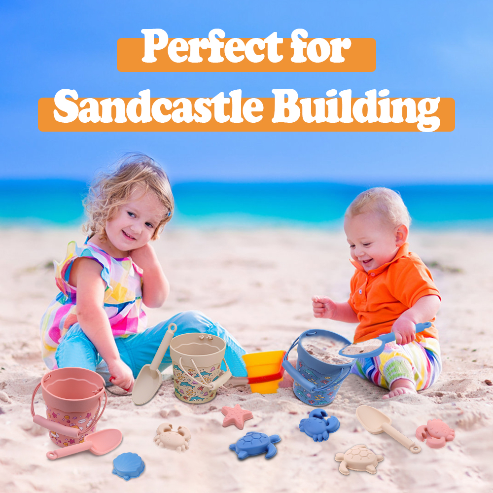 Summer Outdoor Soft Sand Bucket Eco Friendly Silicone Beach Sand Toy Set for Kids Beach Sand Toys Silicone Toddler Sandbox Toys
