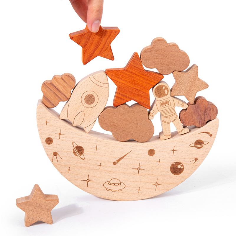 Kids Wooden Space Balance Blocks 11-Piece Early Learning Desktop Stacking Puzzle Educational Intelligence Training 5 7 Years