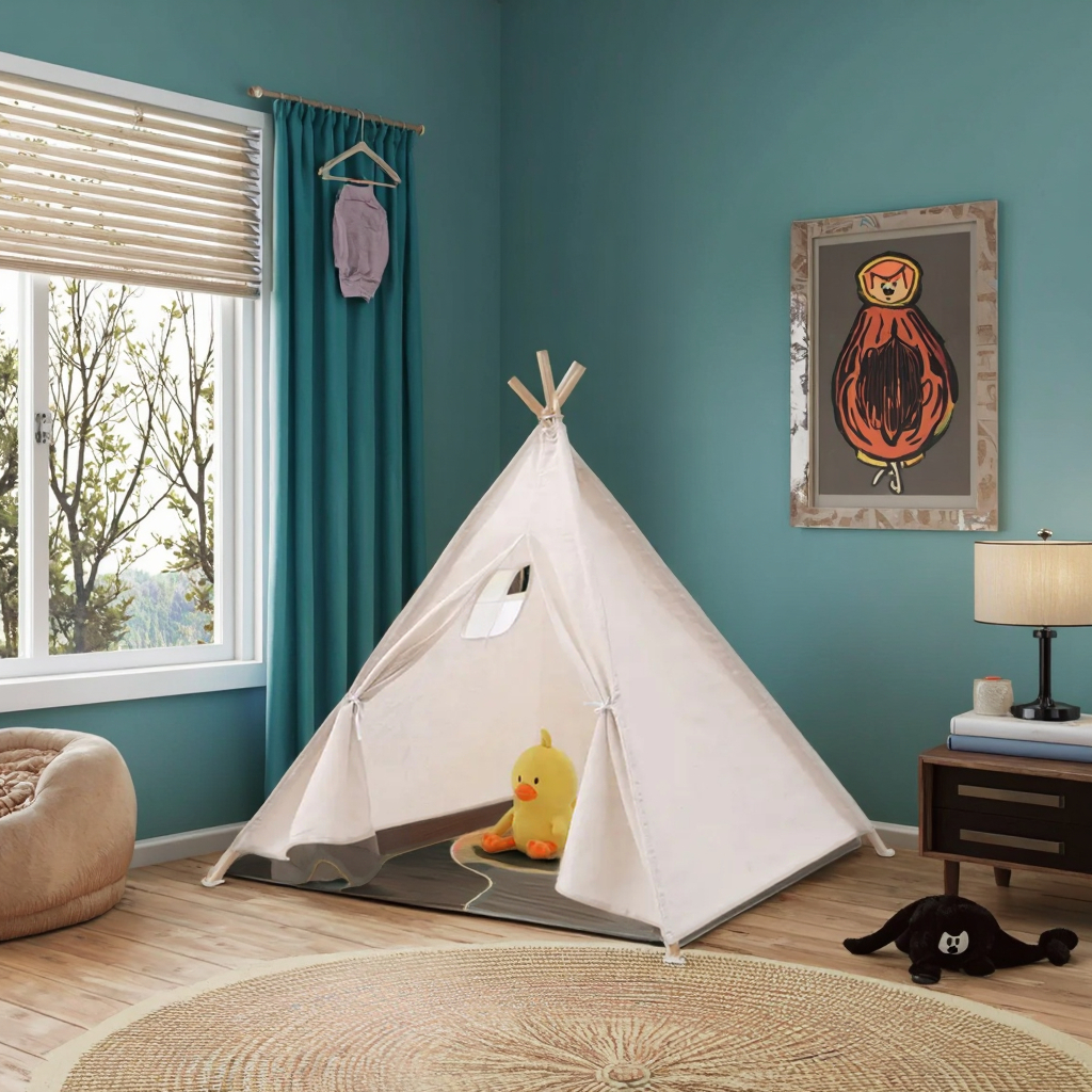 Canvas Tent Portable Breathable Cotton Canvas Tepee Indian Tent Kids Play Tent Playhouse Outdoor Camping Pyramid Tent