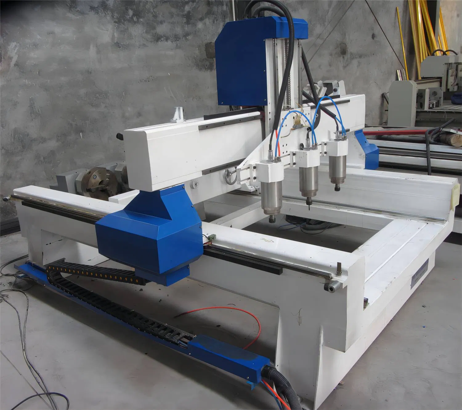 Rhino Multi Three Spindle 3 Rotary CNC Router Machine Wood Furniture CNC Carving Machine Double Head CNC Router 1313 4 Axis for Wood Column Milling