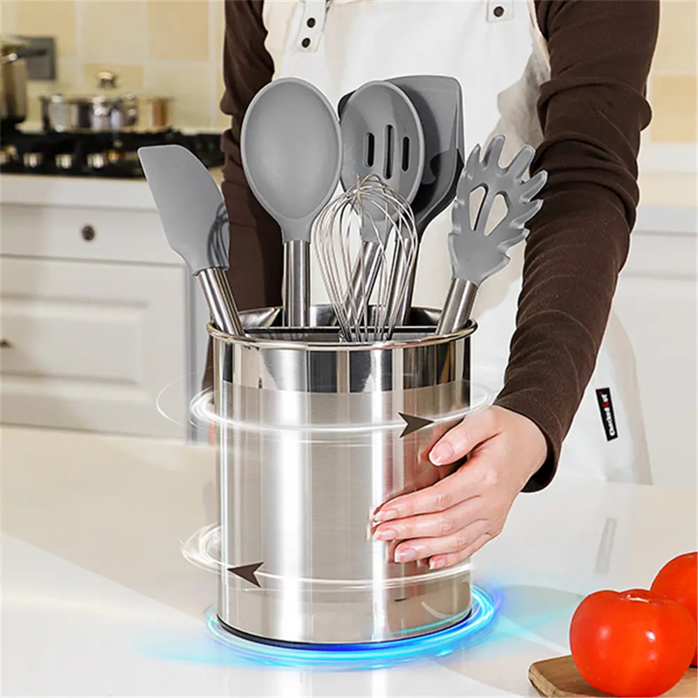 OEM Stainless Steel Utensil Holder for Countertop with Removable Divider，360° Rotating Utensil Crock Manufacturers, Supplier