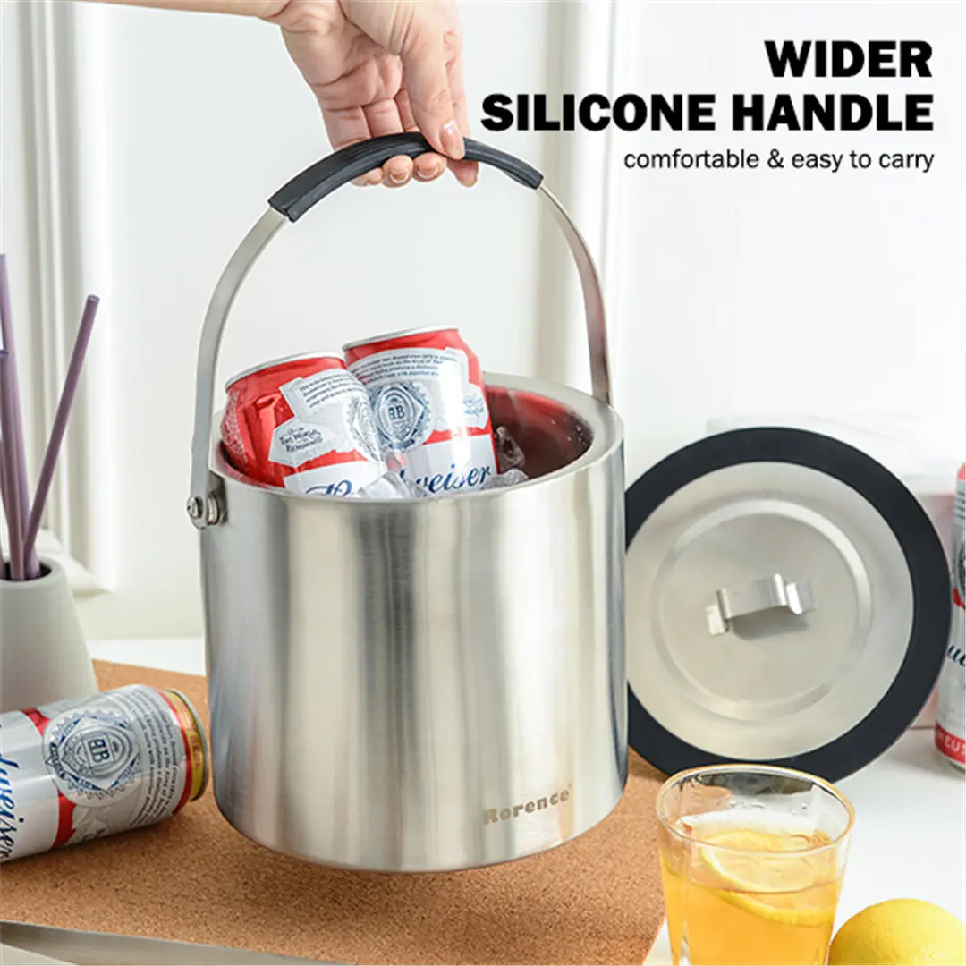 OEM Rorence Stainless Steel Ice Bucket: 3L Double-Walled, Insulated Champagne Bucket with Airtight Lid and Ice Tongs Suppliers, Product