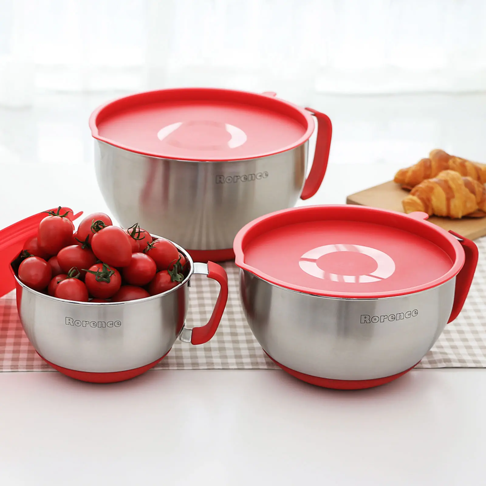 OEM Rorence Stainless Steel Mixing Bowls with Handle Pour Spout & Lids Supplier, Product