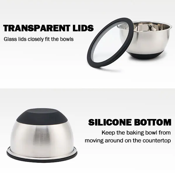 OEM Stainless Steel Mixing Bowls Set Transparent Glass Lids Silicone Bottom Set of 3 Supplier, Product