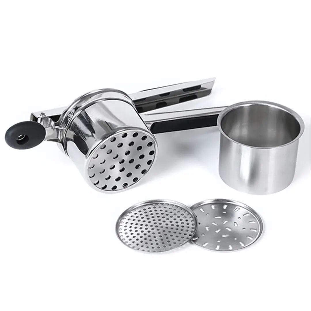 OEM Stainless Steel Potato Ricer with 3 Interchangeable Discs & Inner Cup & Silicone Grip Handles Suppliers, Product