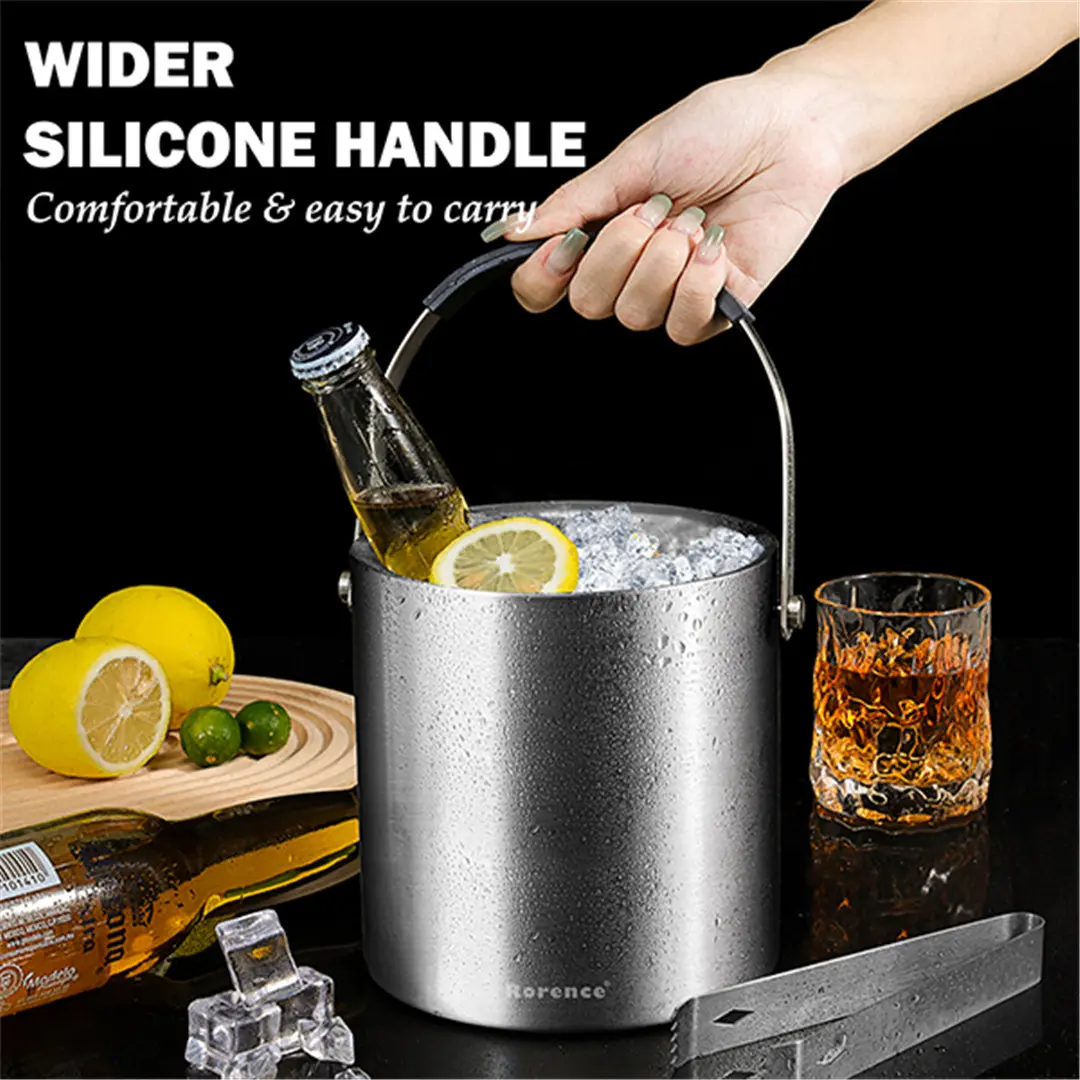 Wholesale Ice Bucket 2/3L with Silicone Lid, Strainer, Tongs,Small Double Wall Insulated Stainless Steel Ice Bucket Wine Bucket Product, Products