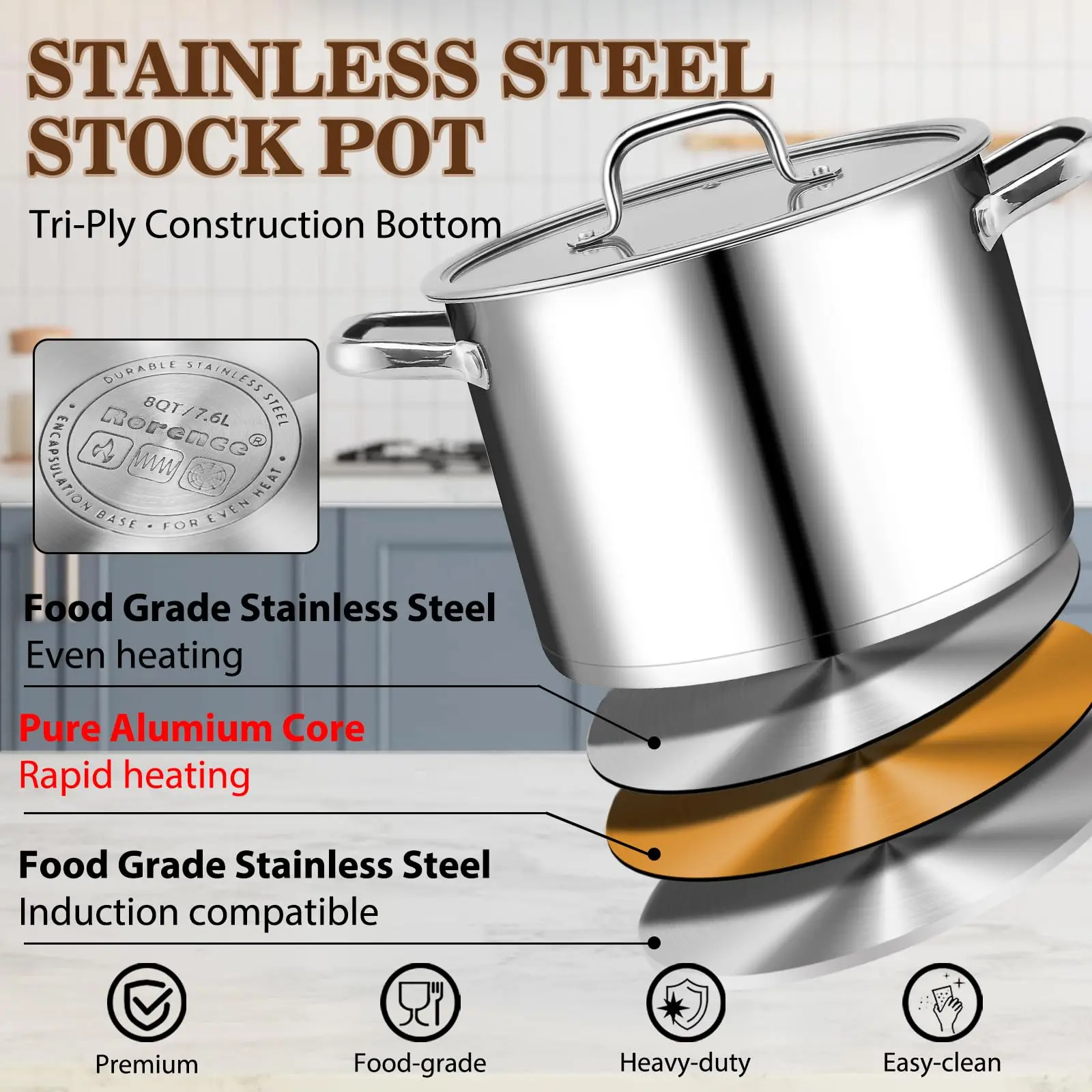 OEM Stainless Steel Stock Pot for Kitchen Cooking Soup Pasta Stockpot with Glass Lid 8QT Supplier, Products