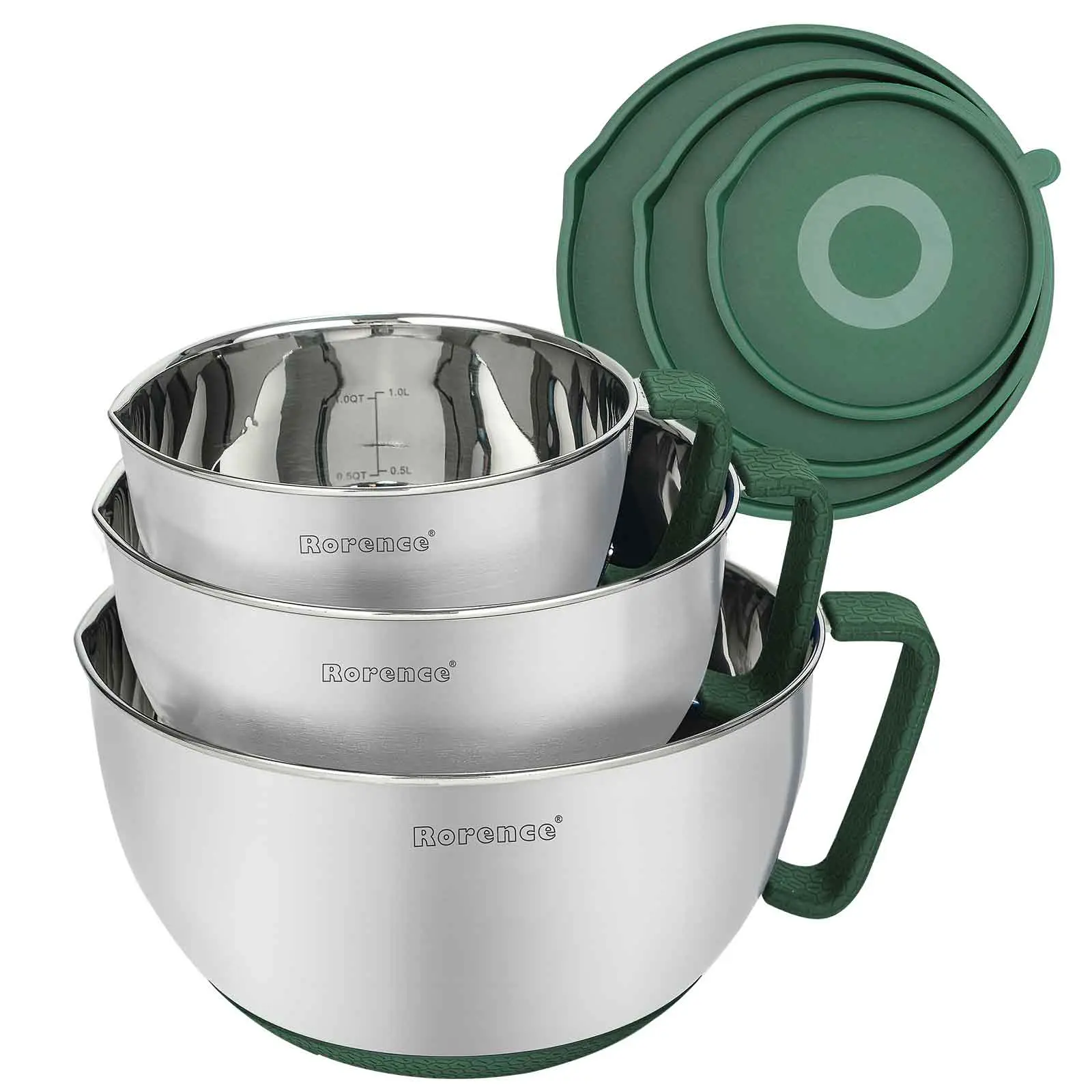 OEM Rorence Stainless Steel Non Slip Mixing Bowls with Pour Spout Handle Lid Set of 3 Manufacturer, Suppliers