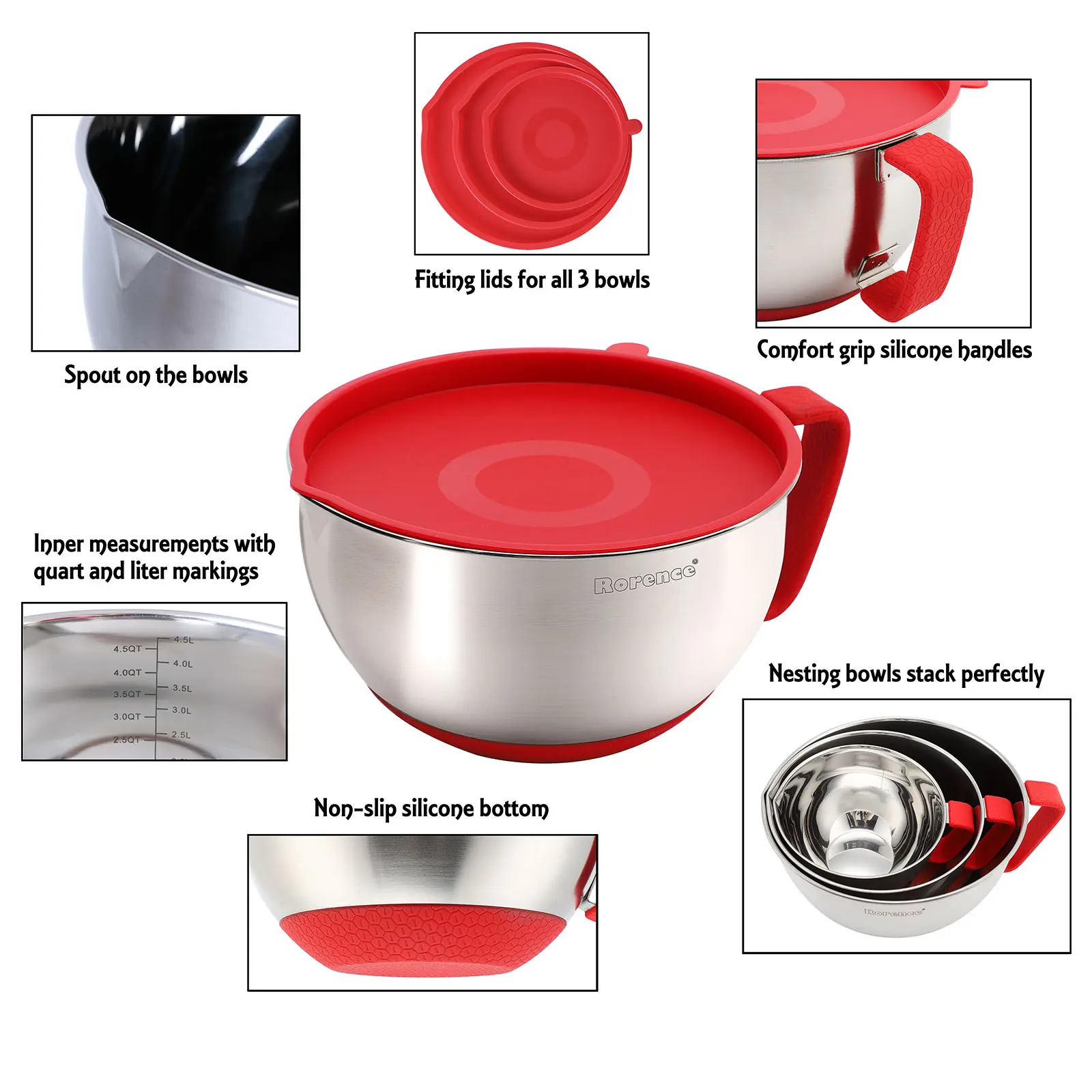 OEM Rorence Stainless Steel Mixing Bowls with Handle Pour Spout & Lids Supplier, Product