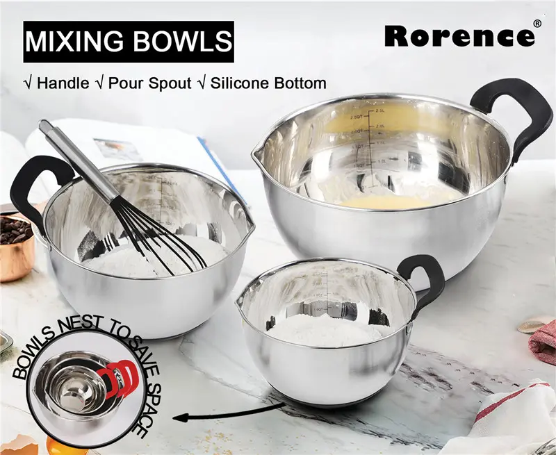 stainless steel mixing bowl with handle and spout