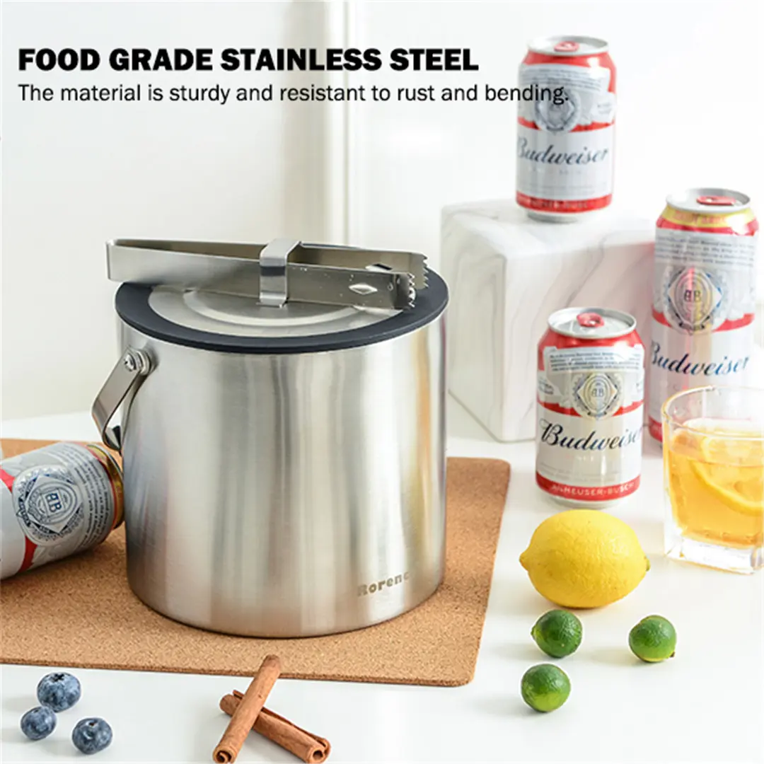 OEM Rorence Stainless Steel Ice Bucket: 3L Double-Walled, Insulated Champagne Bucket with Airtight Lid and Ice Tongs Suppliers, Product