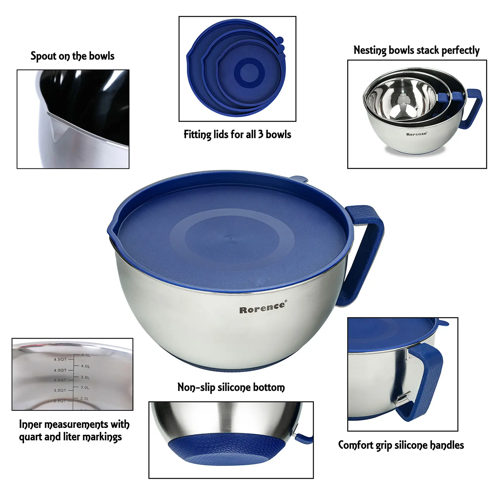 Wholesale Rorence Mixing Bowls with Lids comfortable handle non slip base pour spout Suppliers, Products