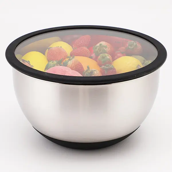 OEM Stainless Steel Mixing Bowls Set Transparent Glass Lids Silicone Bottom Set of 3 Supplier, Product