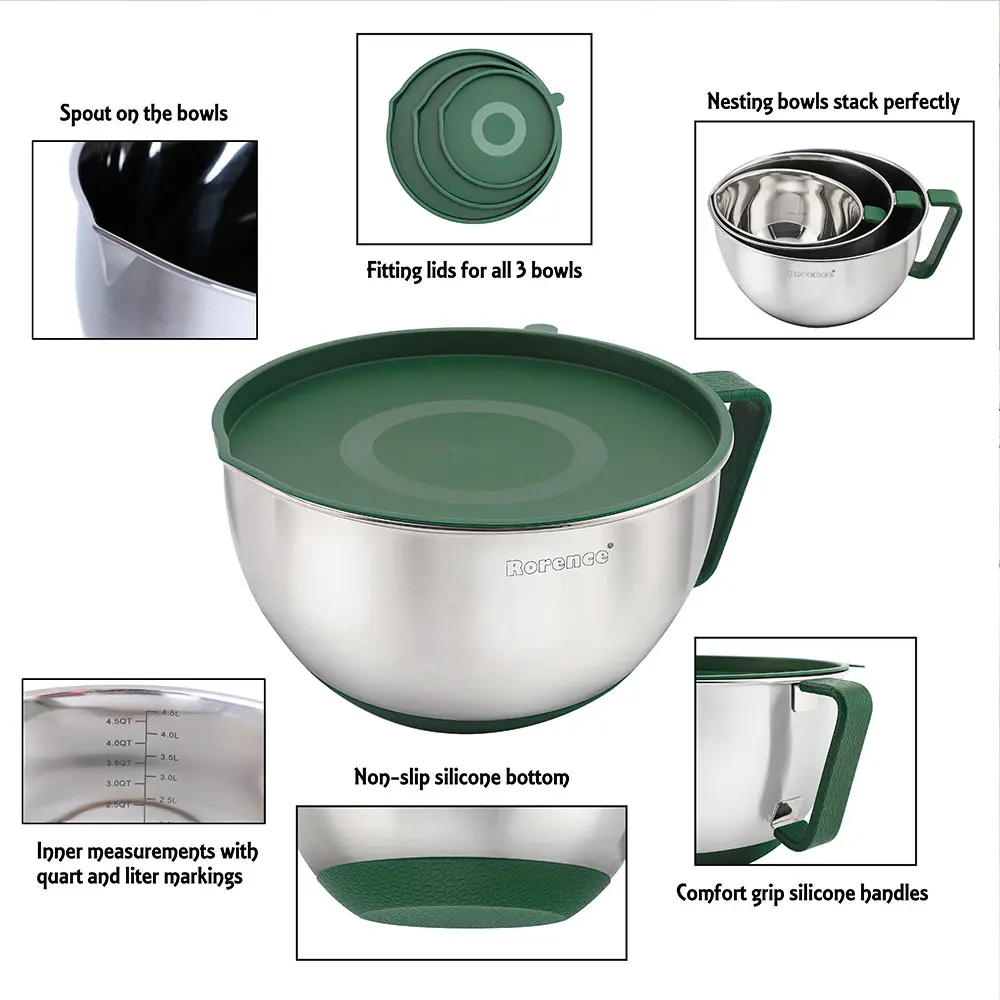 OEM Rorence Stainless Steel Non Slip Mixing Bowls with Pour Spout Handle Lid Set of 3 Manufacturer, Suppliers