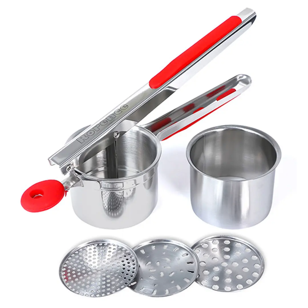 OEM Stainless Steel Potato Ricer with 3 Interchangeable Discs & Inner Cup & Silicone Grip Handles Suppliers, Product
