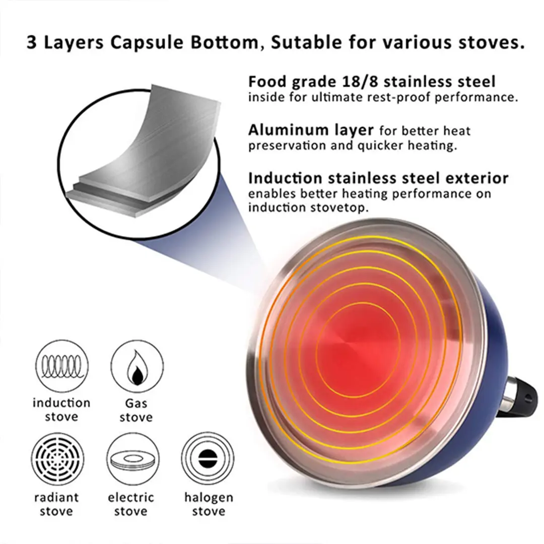 OEM Stainless Steel Whistling Kettle featuring a Capsule Bottom and Heat-Resistant Glass Lid Suppliers, Products