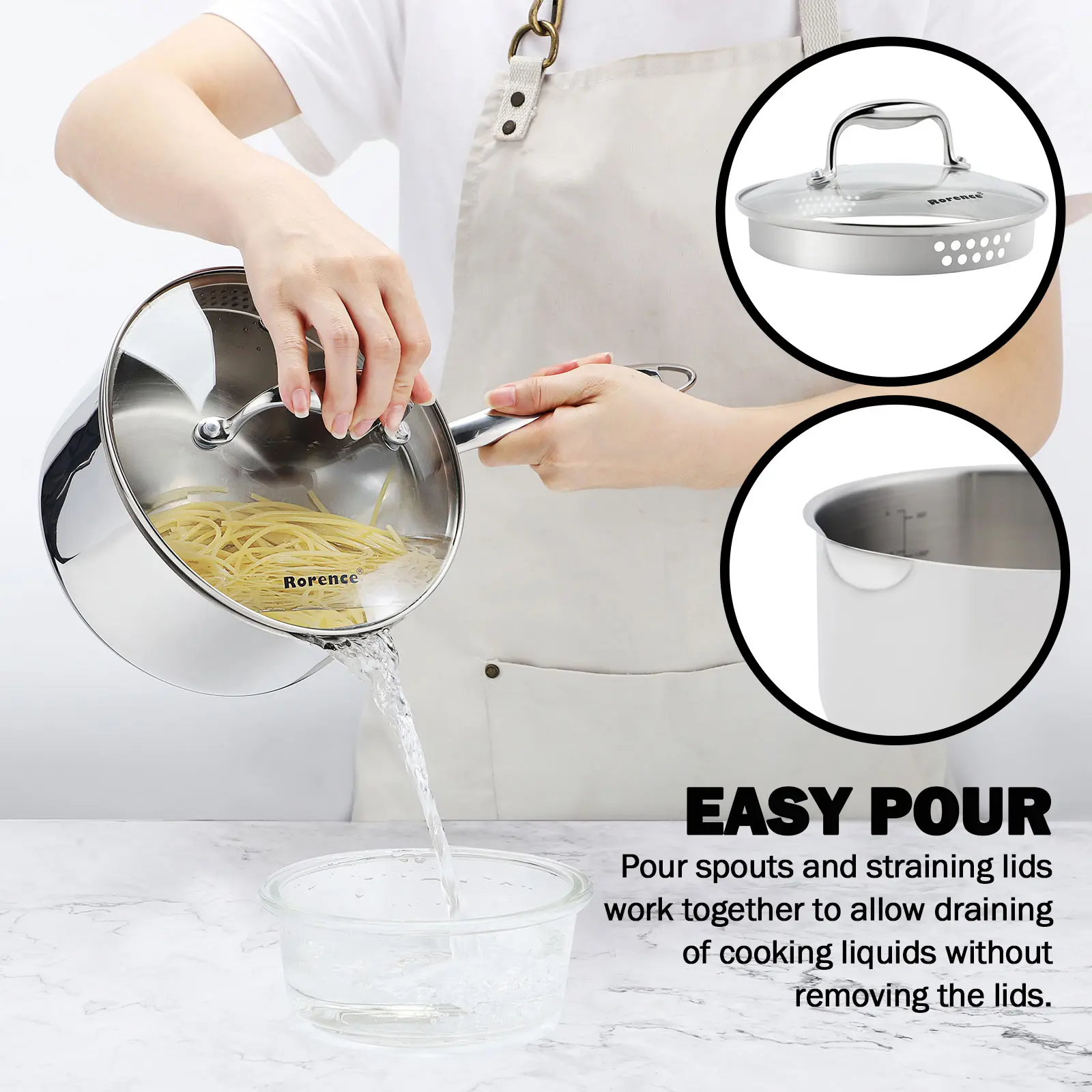 OEM Stainless Steel Saucepan with Glass Strainer Lid, Two Side Spouts for Easy Pour - 2.5QT Manufacturers, Supplier